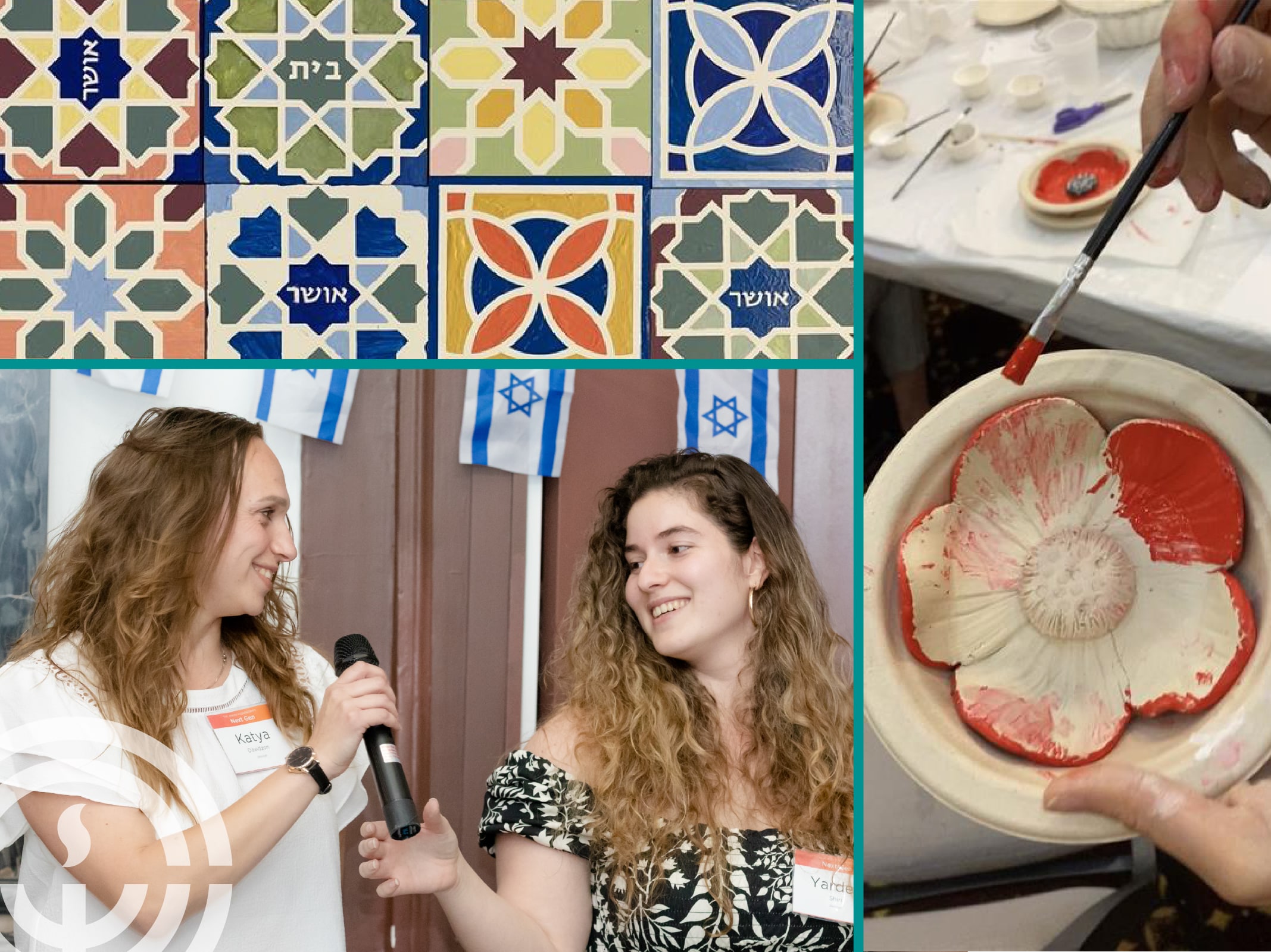 Collage of women holding microphone and ceramic artwork.