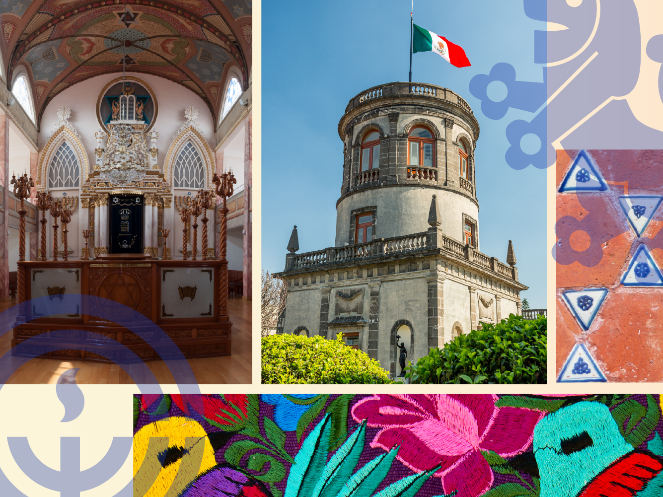 Collage of Mexico images including landmarks and art.